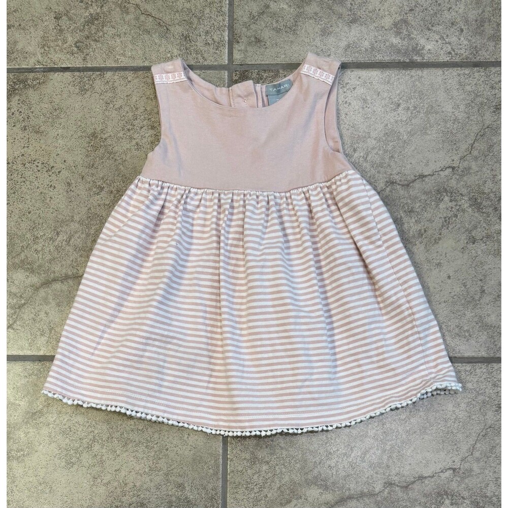 Tahari girl's striped tank dress pink and white striped skirt pom-pom trim